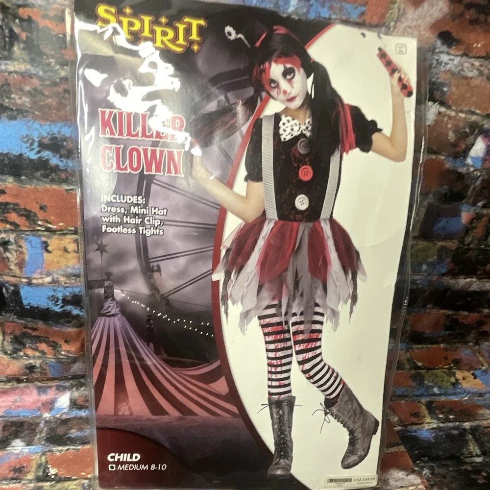 Spirit Killer Clown Child Costume M 8-10 Dress Hat Clip Footless Tights